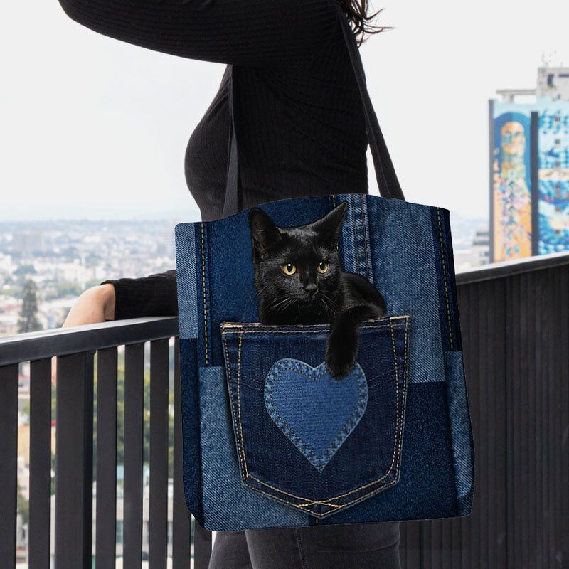 Femmes Feutre Mignon 3d Chat Noir En Trois Dimensions À L'intérieur De Jeans Motif Sac À Bandoulière Sac À Main Fourre-tout