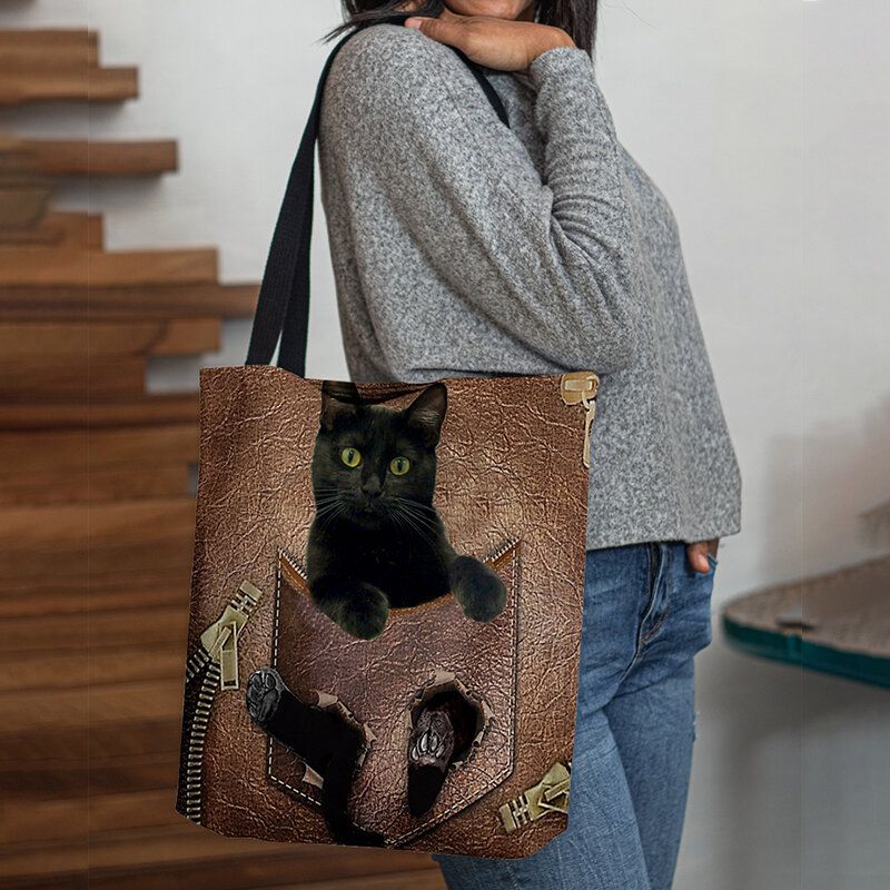 Femmes Feutre Mignon 3d Dessin Animé En Trois Dimensions Noir Chat Motif Sac À Bandoulière Sac À Main Fourre-tout