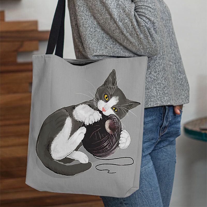 Femmes Feutre Mignon Dessin Animé Chat Jouant Boule De Laine Motif D'impression Décontracté Sac À Bandoulière Sac À Main Fourre-tout