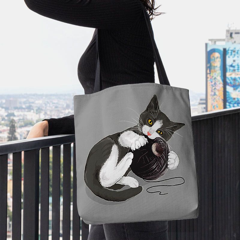 Femmes Feutre Mignon Dessin Animé Chat Jouant Boule De Laine Motif D'impression Décontracté Sac À Bandoulière Sac À Main Fourre-tout