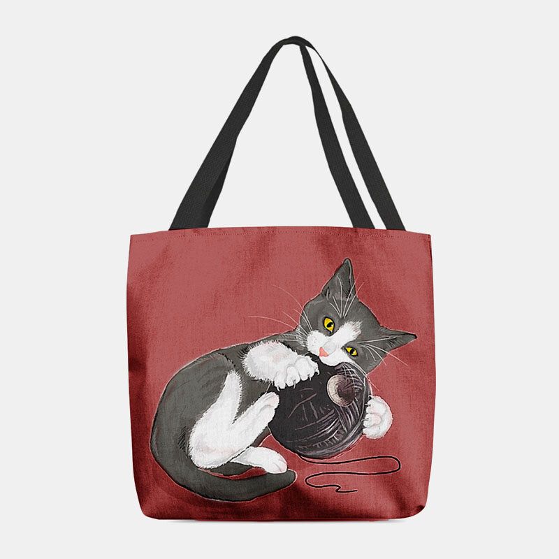 Femmes Feutre Mignon Dessin Animé Chat Jouant Boule De Laine Motif D'impression Décontracté Sac À Bandoulière Sac À Main Fourre-tout