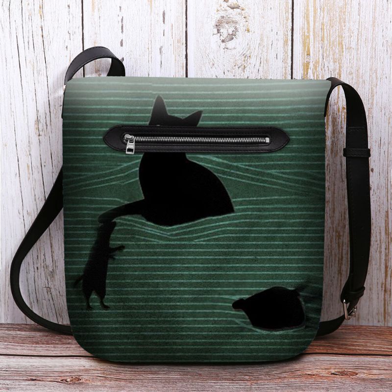 Femmes Feutre Mignon Dessin Animé Décontracté Chat Noir Attrapé Souris Et Rayures Motif Sac À Bandoulière Sac À Bandoulière