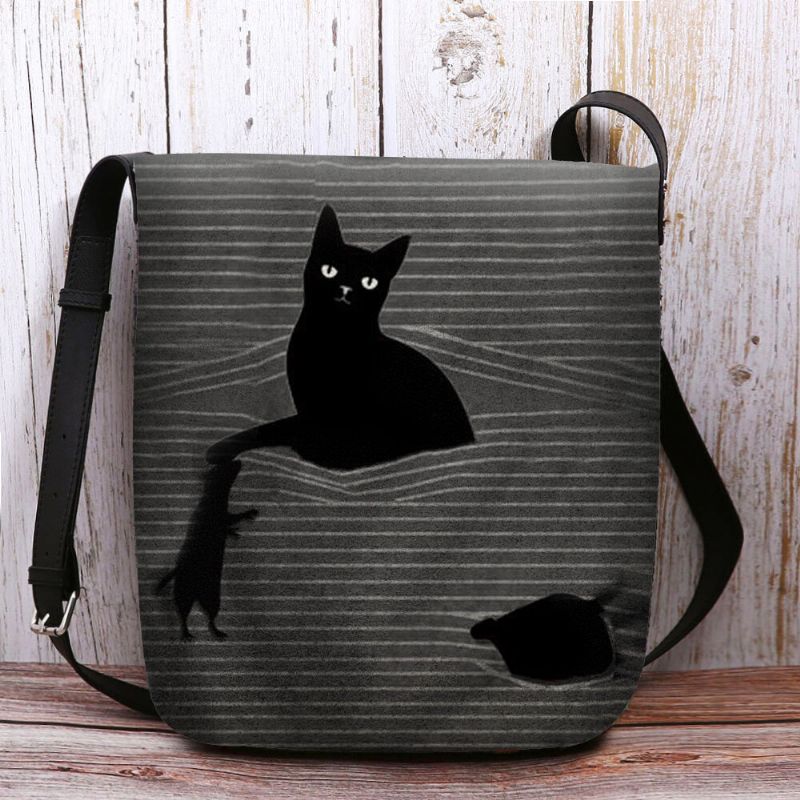 Femmes Feutre Mignon Dessin Animé Décontracté Chat Noir Attrapé Souris Et Rayures Motif Sac À Bandoulière Sac À Bandoulière