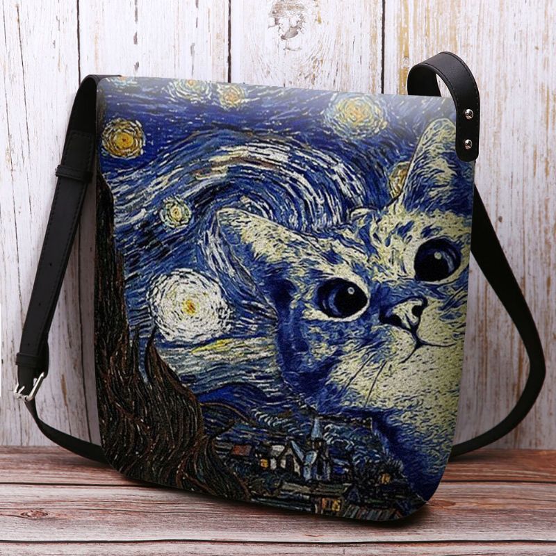 Femmes Feutre Mignon Dessin Animé Décontracté Motif De Chat Avec Nuit Étoilée Galaxie Peintures Sac À Bandoulière Sac À Bandoulière