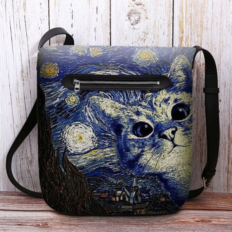 Femmes Feutre Mignon Dessin Animé Décontracté Motif De Chat Avec Nuit Étoilée Galaxie Peintures Sac À Bandoulière Sac À Bandoulière