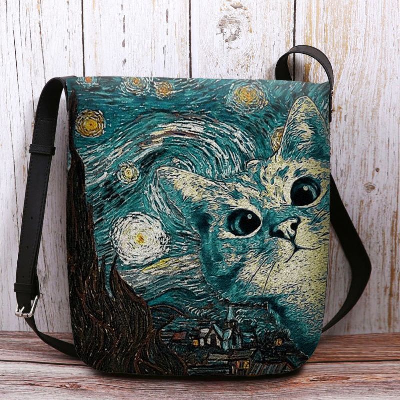 Femmes Feutre Mignon Dessin Animé Décontracté Motif De Chat Avec Nuit Étoilée Galaxie Peintures Sac À Bandoulière Sac À Bandoulière