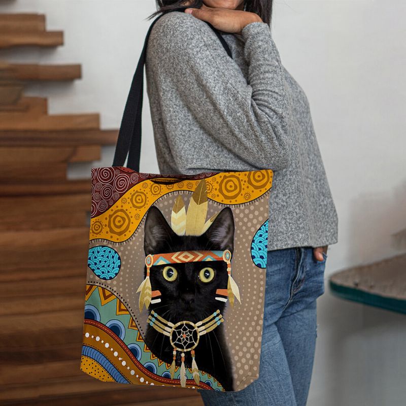 Femmes Feutre Mignon Dessin Animé Égyptien Habillé Chat Noir Motif Sac À Bandoulière Sac À Main Fourre-tout