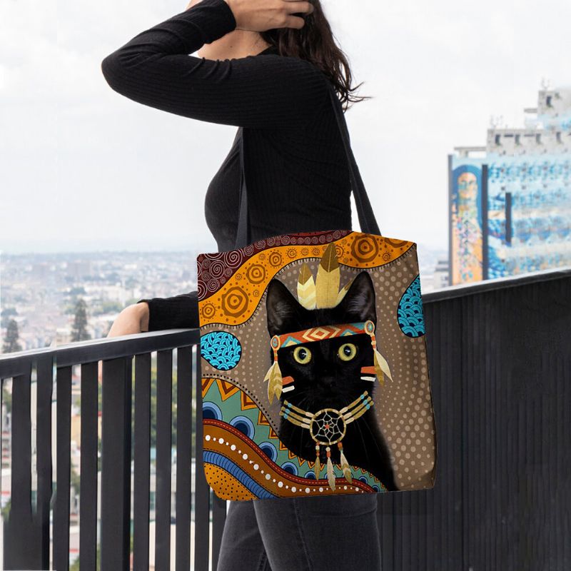 Femmes Feutre Mignon Dessin Animé Égyptien Habillé Chat Noir Motif Sac À Bandoulière Sac À Main Fourre-tout