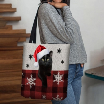 Femmes Feutre Mignon Dessin Animé Festif Noël Habillé Chat Flocon De Neige Motif Sac À Bandoulière Sac À Main Fourre-tout