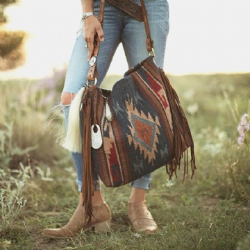 Femmes Feutre Vintage Géométrie Motif Grande Capacité Sac À Bandoulière Fourre-tout Sac À Main Avec Gland