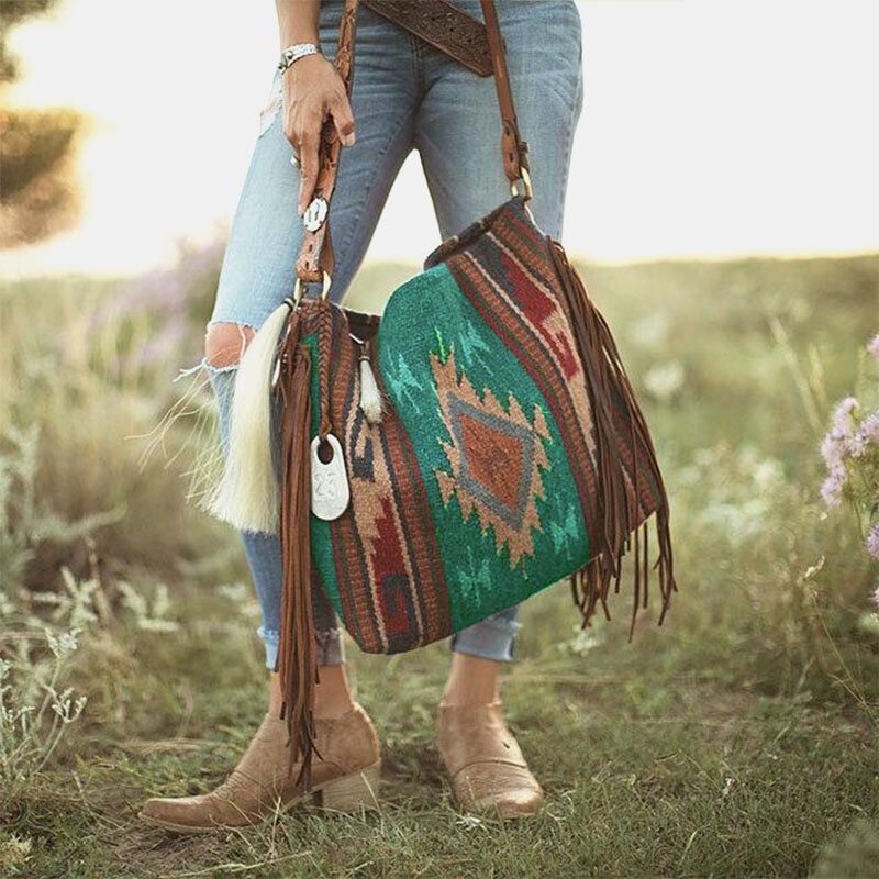 Femmes Feutre Vintage Géométrie Motif Grande Capacité Sac À Bandoulière Fourre-tout Sac À Main Avec Gland