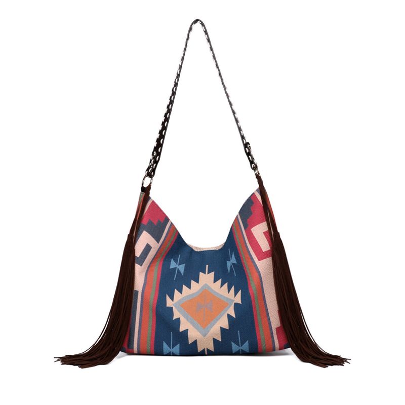 Femmes Feutre Vintage Géométrie Motif Grande Capacité Sac À Bandoulière Fourre-tout Sac À Main Avec Gland