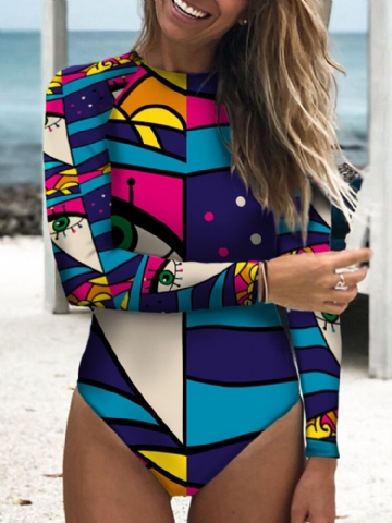 Femmes Figure Abstraite Imprimer Tie Back À Manches Longues One Piece Beach Surfing Maillots De Bain