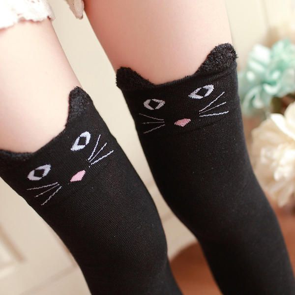 Femmes Filles Dessin Animé Animal Coton Bas Kawaii Chat Ours Sur Genou Haute Chaussettes Serrées