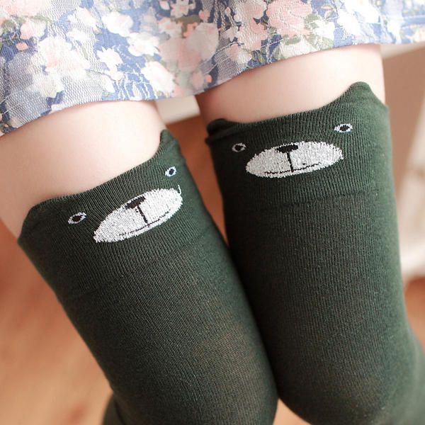 Femmes Filles Dessin Animé Animal Coton Bas Kawaii Chat Ours Sur Genou Haute Chaussettes Serrées