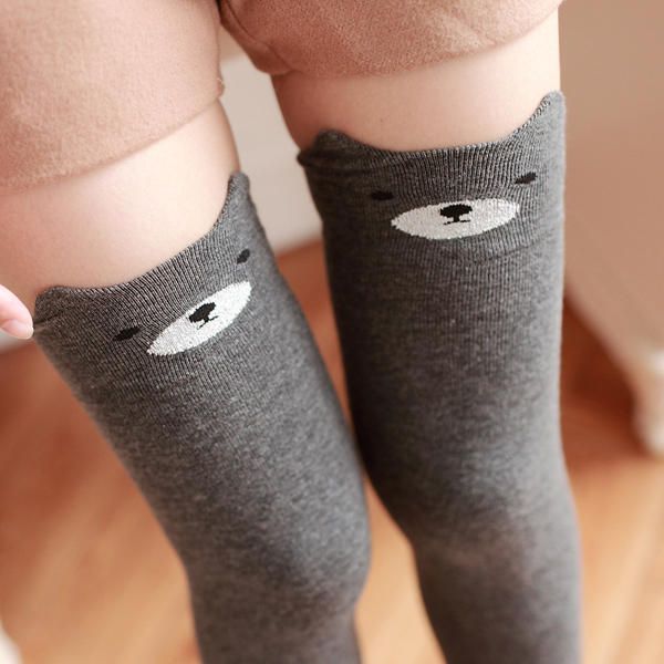 Femmes Filles Dessin Animé Animal Coton Bas Kawaii Chat Ours Sur Genou Haute Chaussettes Serrées