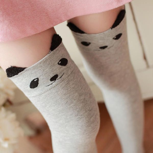 Femmes Filles Dessin Animé Animal Coton Bas Kawaii Chat Ours Sur Genou Haute Chaussettes Serrées