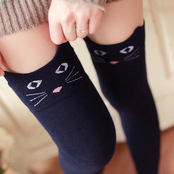 Femmes Filles Dessin Animé Animal Coton Bas Kawaii Chat Ours Sur Genou Haute Chaussettes Serrées