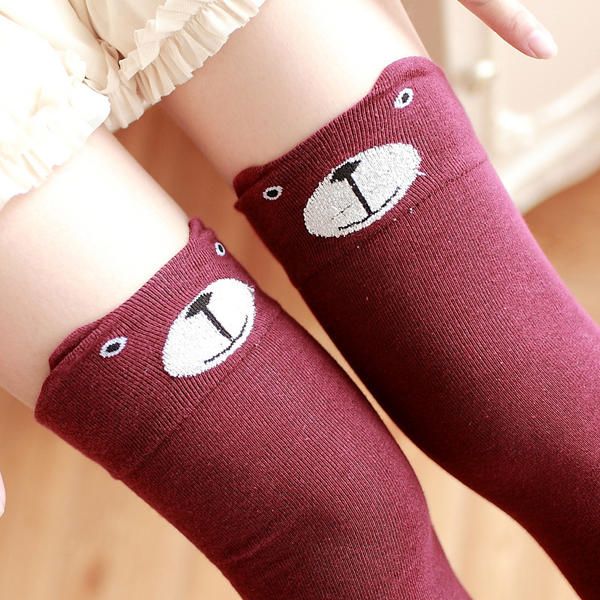 Femmes Filles Dessin Animé Animal Coton Bas Kawaii Chat Ours Sur Genou Haute Chaussettes Serrées