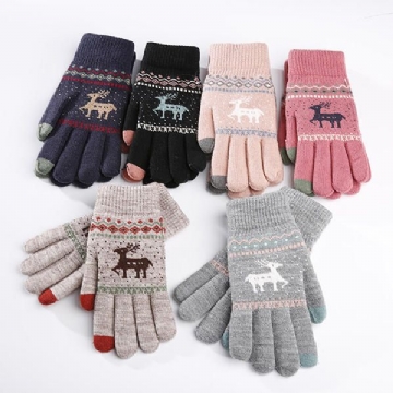 Femmes Filles Hiver Crochet Tricoté Chaud Gants Écran Tactile Mignon Cerf Impression Mitaines