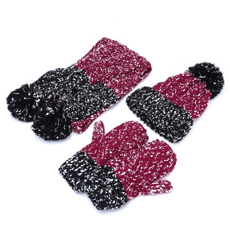 Femmes Filles Noël Tricot Neige Chapeau Gants Écharpe Hiver Chaud Tendance Trois Pièces Ensemble