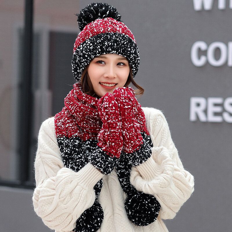 Femmes Filles Noël Tricot Neige Chapeau Gants Écharpe Hiver Chaud Tendance Trois Pièces Ensemble