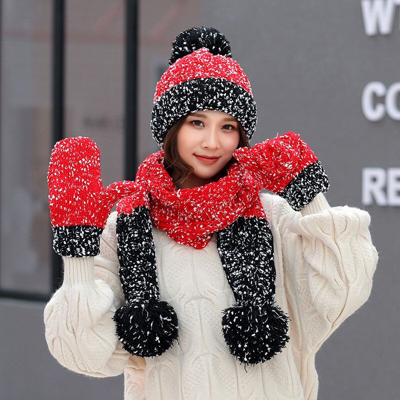 Femmes Filles Noël Tricot Neige Chapeau Gants Écharpe Hiver Chaud Tendance Trois Pièces Ensemble