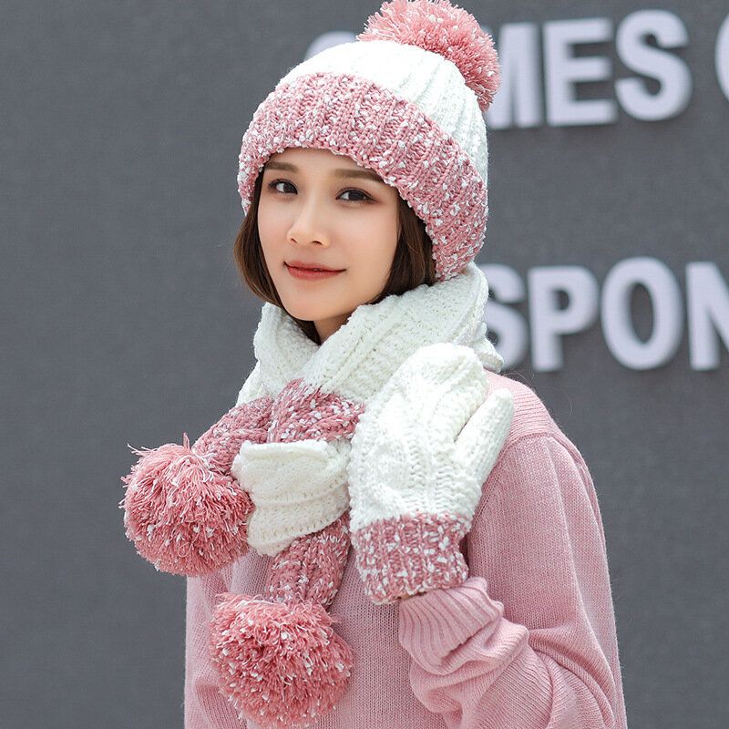 Femmes Filles Noël Tricot Neige Chapeau Gants Écharpe Hiver Chaud Tendance Trois Pièces Ensemble