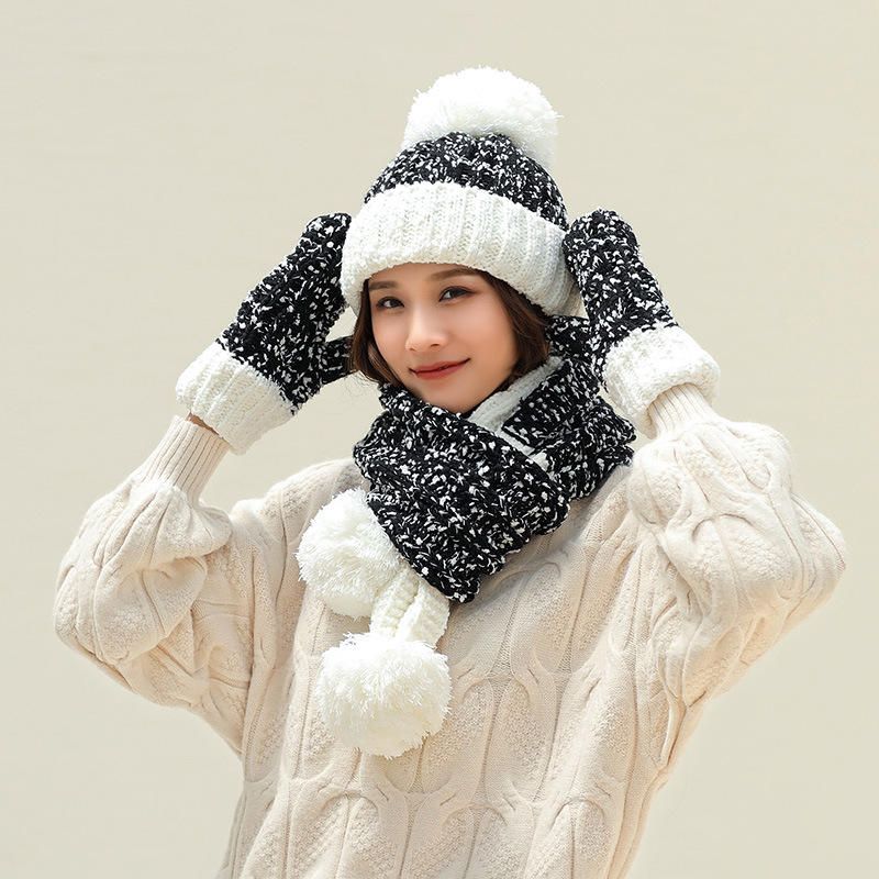 Femmes Filles Noël Tricot Neige Chapeau Gants Écharpe Hiver Chaud Tendance Trois Pièces Ensemble