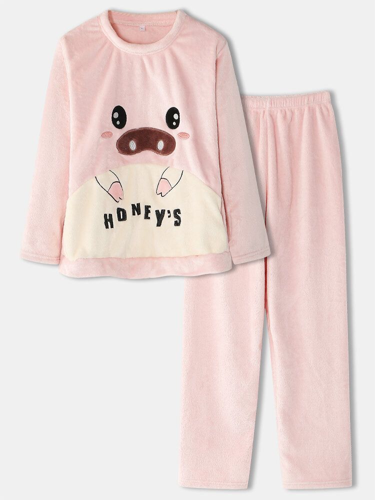 Femmes Flanelle Cochon Graphiques À Manches Longues Sweats Taille Élastique Pantalon Épaissir Maison Pyjama Ensemble