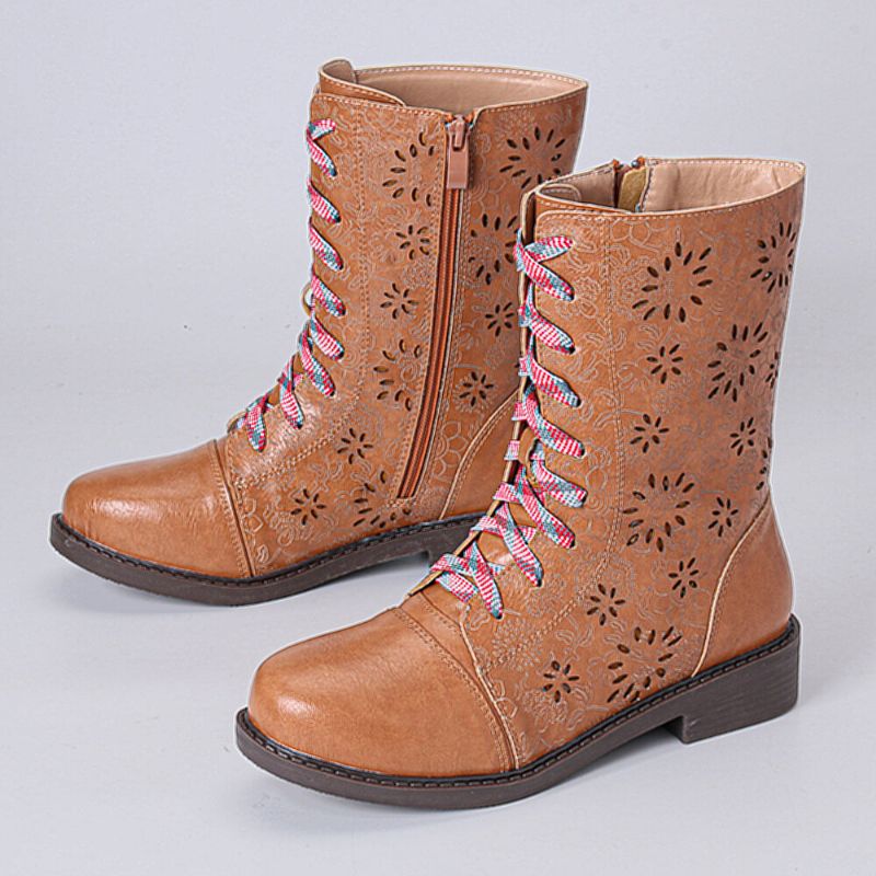 Femmes Fleur Évider Motif À Lacets Chunky Talon Bottines Courtes