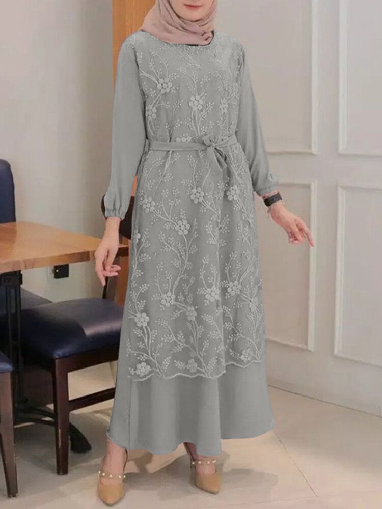 Femmes Fleurs Broderie Couture À Lacets Casual Poignets Élastiques Maxi Robes