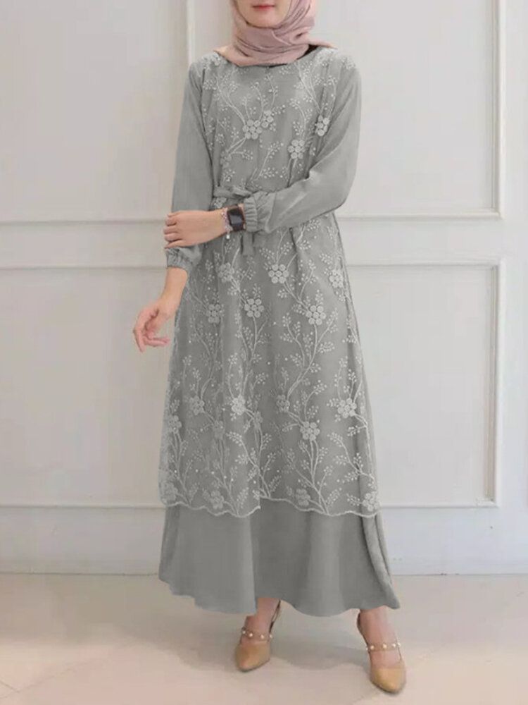 Femmes Fleurs Broderie Couture À Lacets Casual Poignets Élastiques Maxi Robes