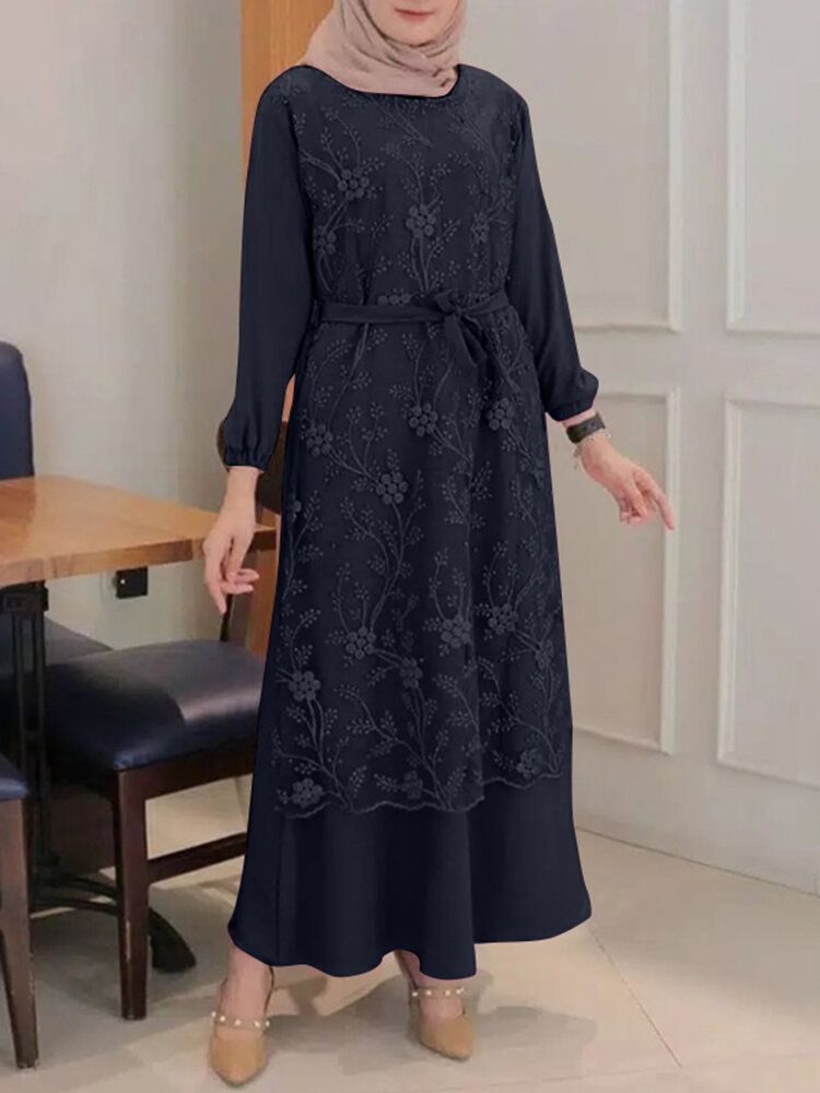 Femmes Fleurs Broderie Couture À Lacets Casual Poignets Élastiques Maxi Robes