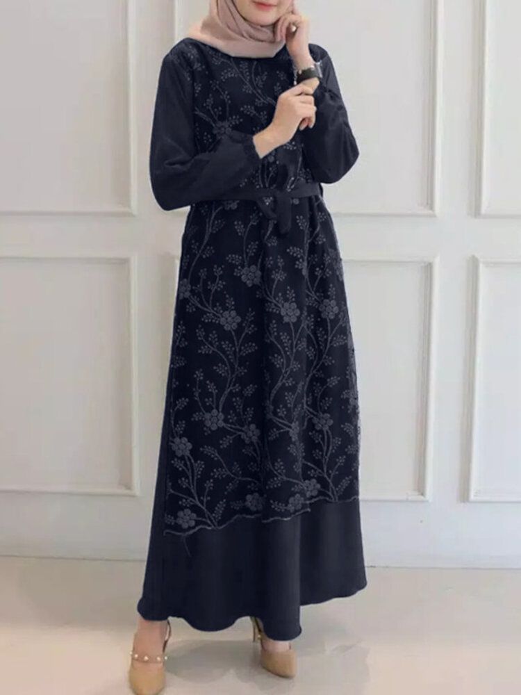 Femmes Fleurs Broderie Couture À Lacets Casual Poignets Élastiques Maxi Robes