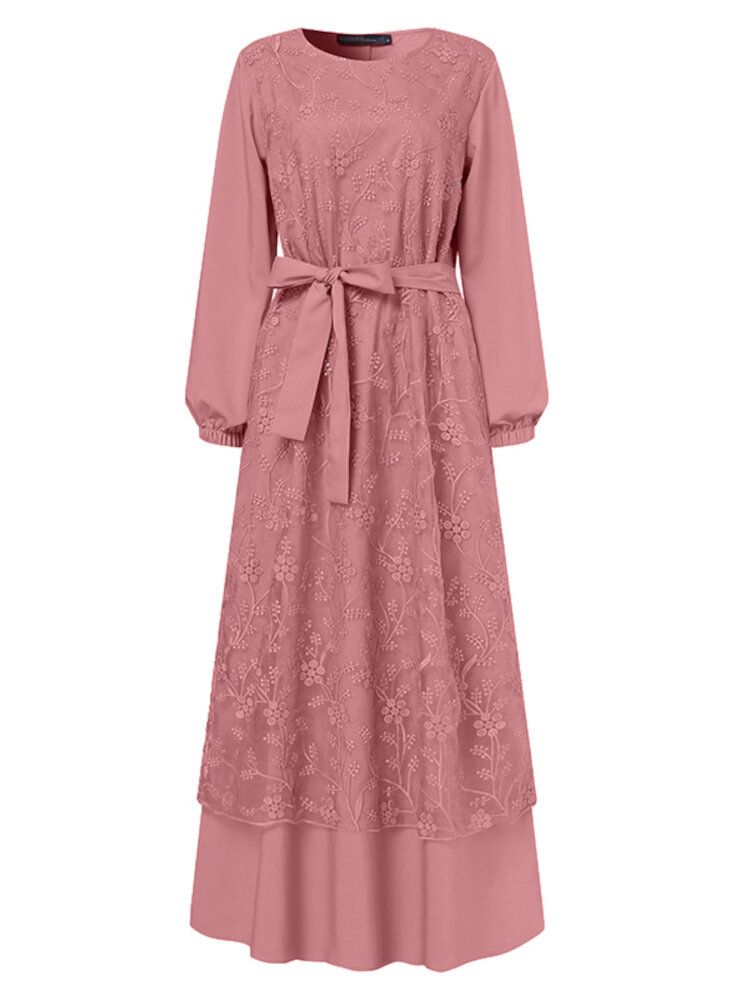 Femmes Fleurs Broderie Couture À Lacets Casual Poignets Élastiques Maxi Robes