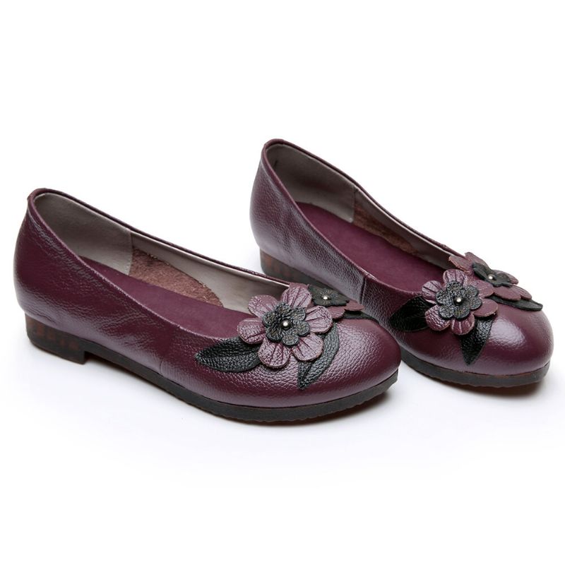 Femmes Fleurs Décor Confortable Sole Mocassins En Cuir Souple