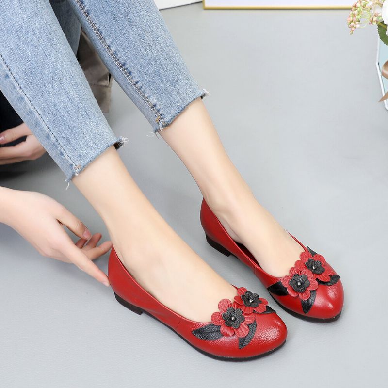 Femmes Fleurs Décor Confortable Sole Mocassins En Cuir Souple