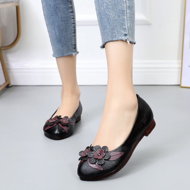 Femmes Fleurs Décor Confortable Sole Mocassins En Cuir Souple