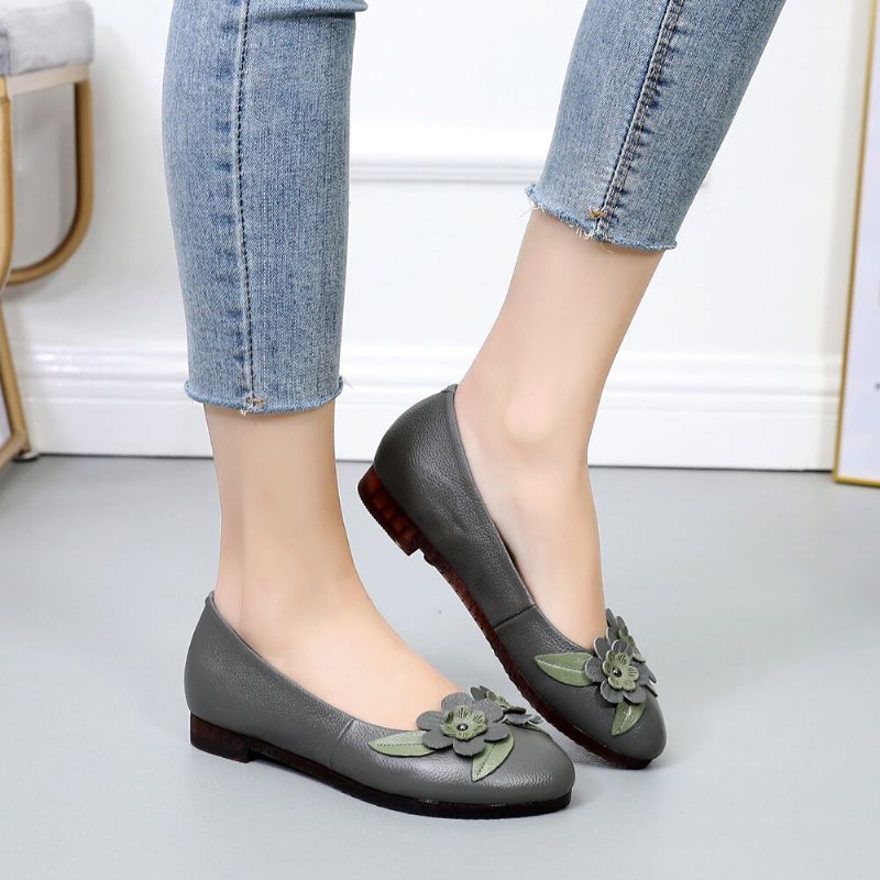 Femmes Fleurs Décor Confortable Sole Mocassins En Cuir Souple