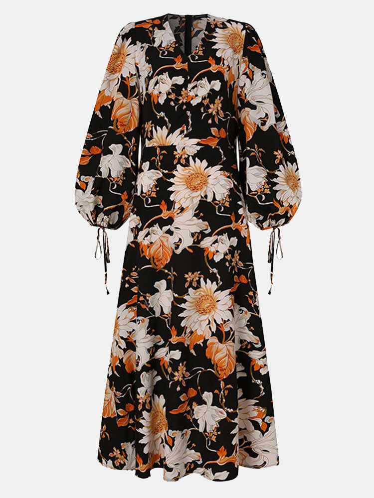 Femmes Fleurs Imprimé Col V Manches Lanterne A-ligne Casual Vacances Maxi Robe