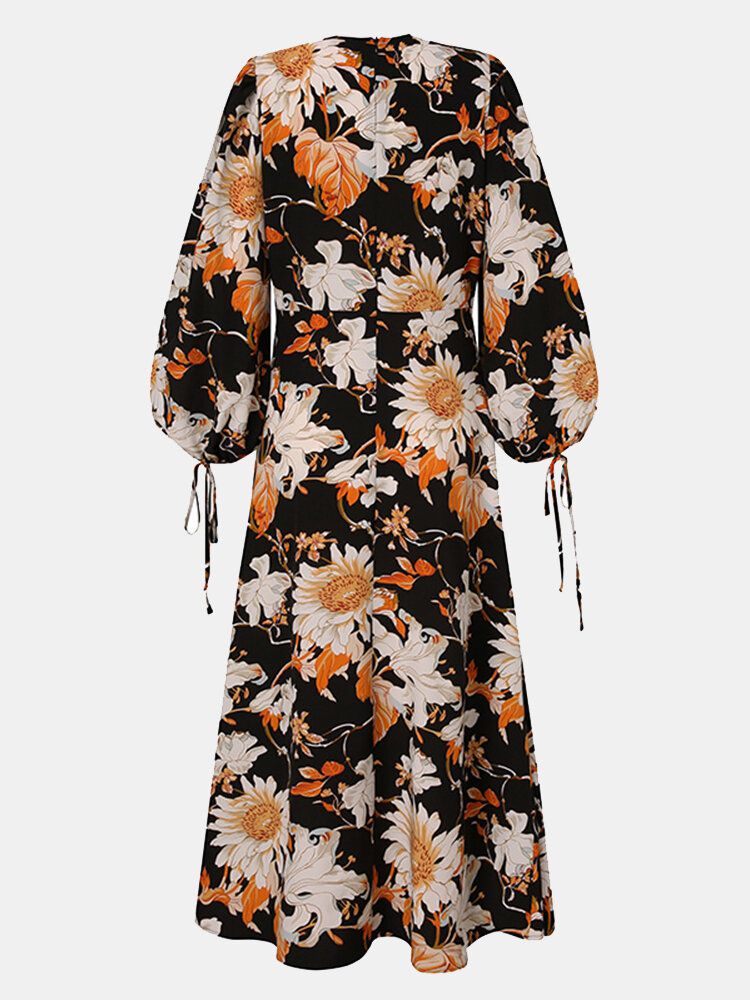 Femmes Fleurs Imprimé Col V Manches Lanterne A-ligne Casual Vacances Maxi Robe