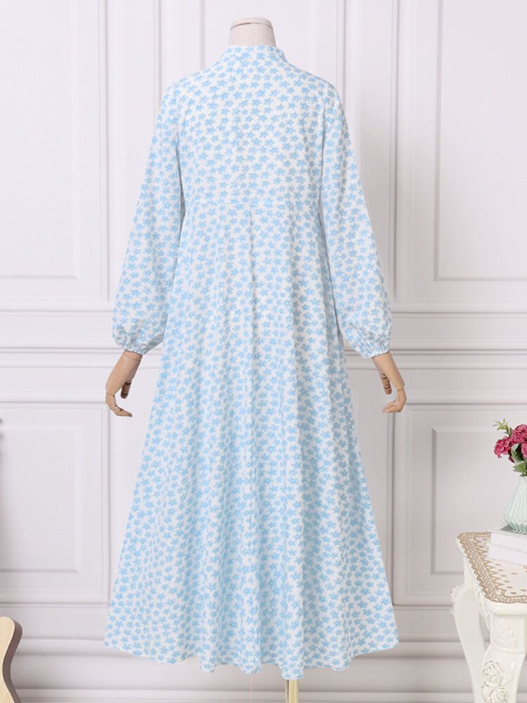 Femmes Floral Col En V Lâche Manches Bouffantes Plis Manches Longues Décontracté Cheville Longueur Maxi Robes