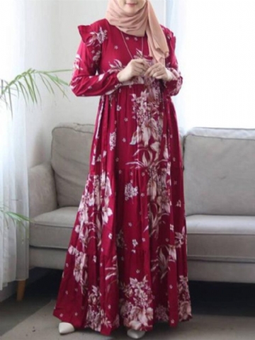 Femmes Floral Imprimé Volants Poignets Élastiques Décoratifs Caftan Tunique Robe Midi