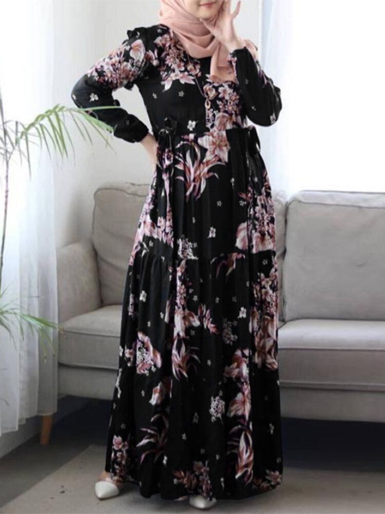 Femmes Floral Imprimé Volants Poignets Élastiques Décoratifs Caftan Tunique Robe Midi