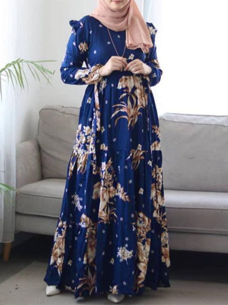 Femmes Floral Imprimé Volants Poignets Élastiques Décoratifs Caftan Tunique Robe Midi