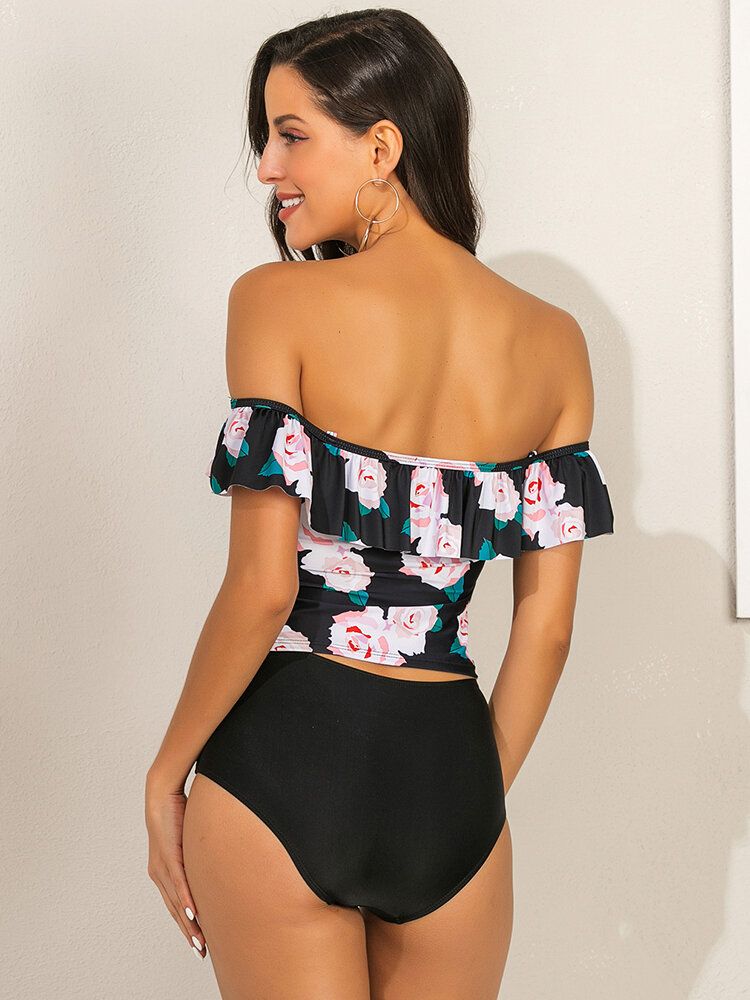 Femmes Floral Print Ruffles Taille Haute Tankini Hawaii Beach Maillots De Bain