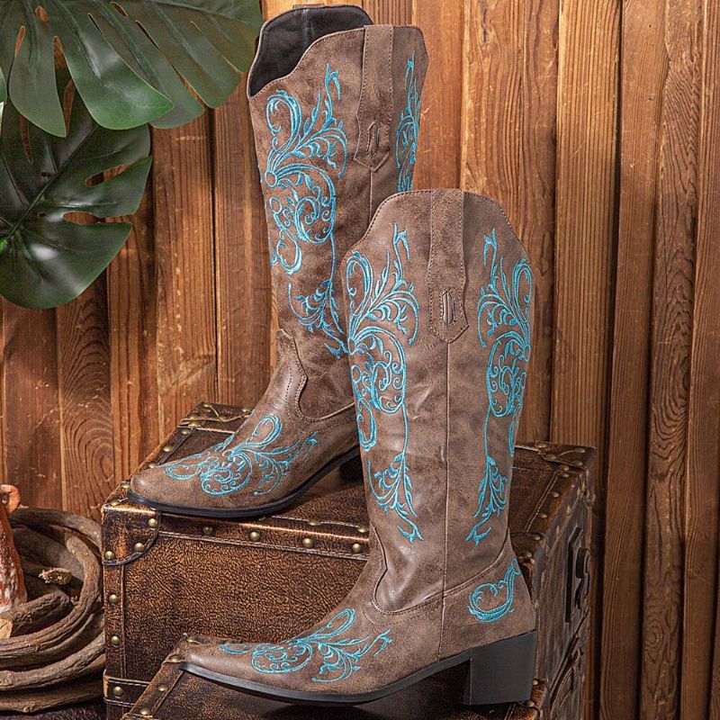 Femmes Floral Retro Broderie Cuir V-cut Pointy-toe Chunky Heel Mi-mollet Knight Boots