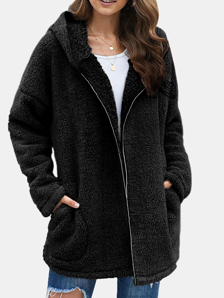 Femmes Fluffy Solid Full Zipper Hood Poche Latérale À Manches Longues Warm Casual Sweats À Capuche