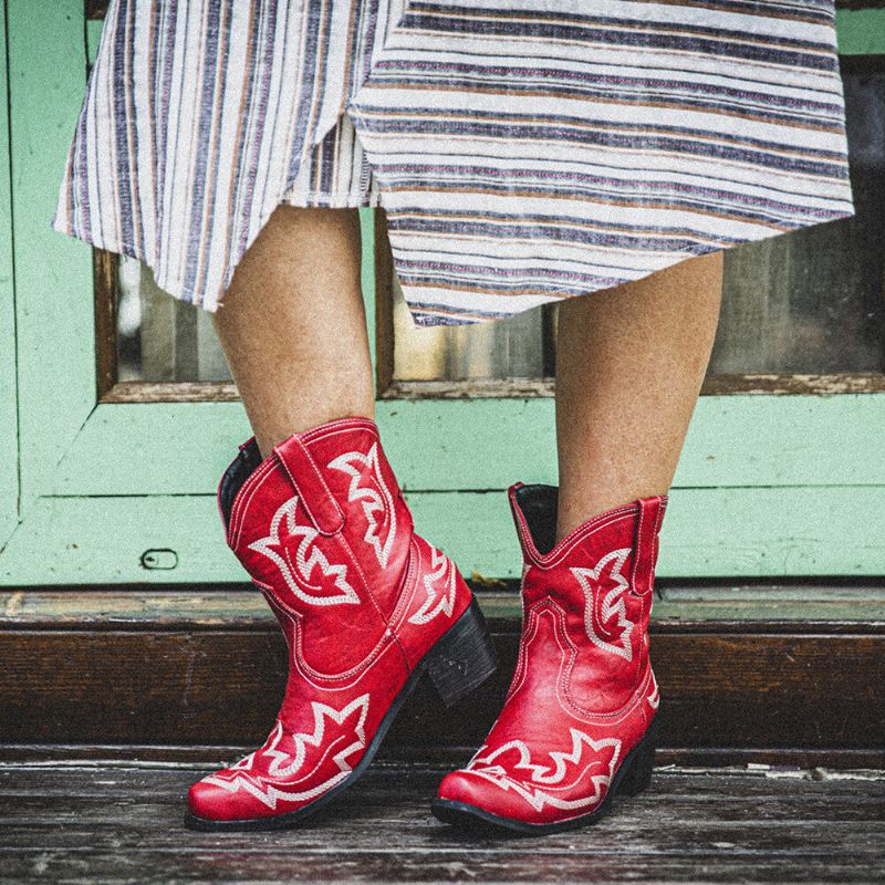 Femmes Folkways Floral Brodé Chunky Heel Slip-on Short Cowboy Boots